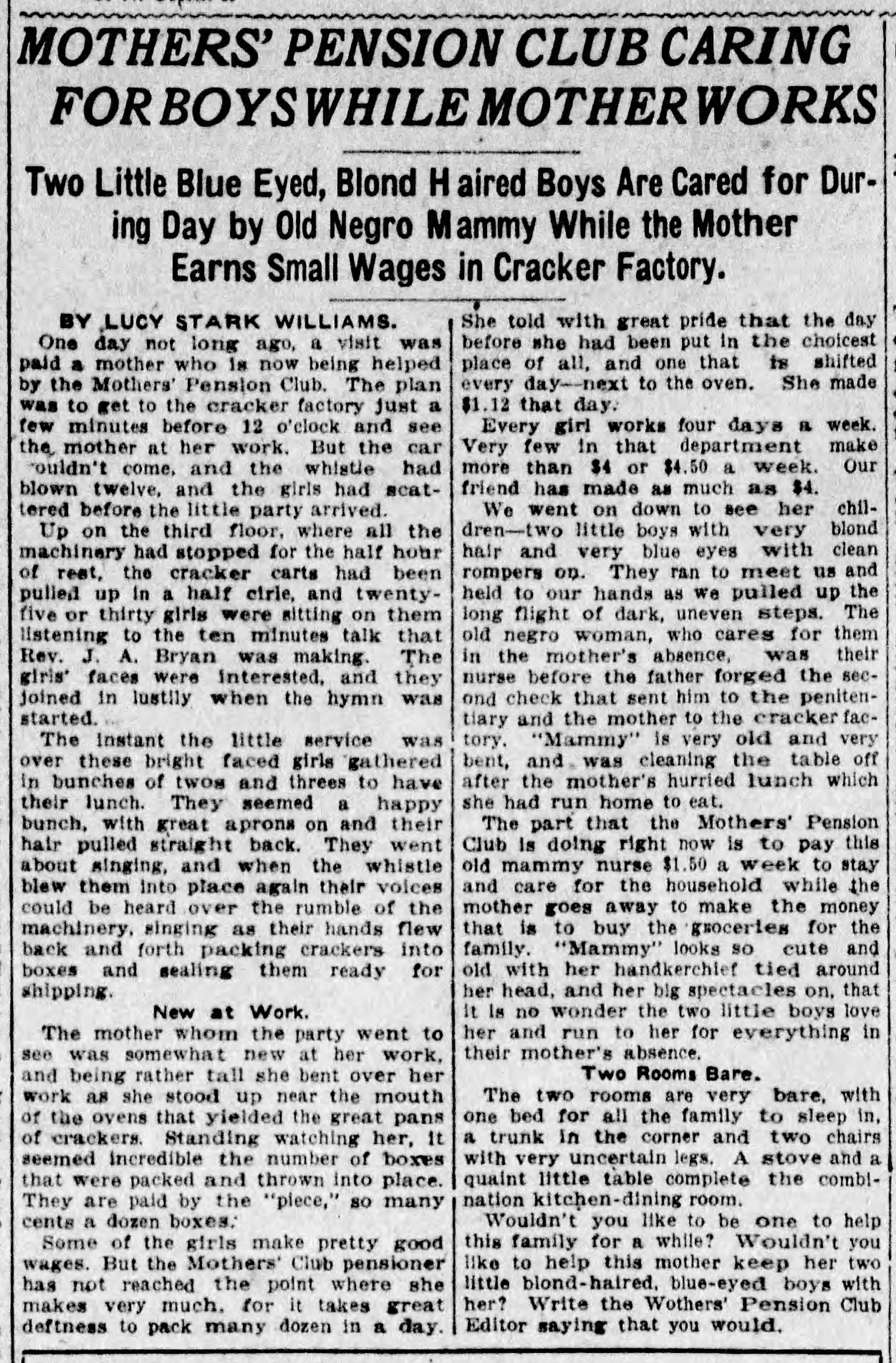 Mothers' Pension Club Caring For Boys While Mother Works obituary